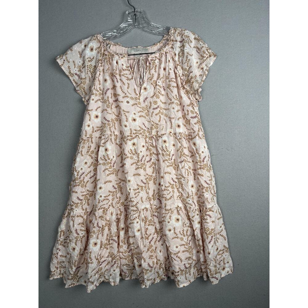 LOFT Dress Womens XS Petite Floral Embroidered Boho Short Sleeve Lined Rayon